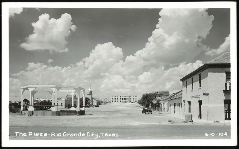 The Plaza with Gazebo, Church, and Businesses Rio Grande City Texas