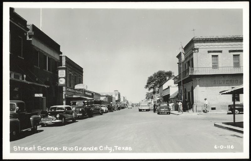 Street Scene with Hinojosa Drug Store and First State Bank Rio Grande City Texas