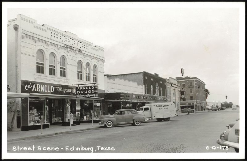 Edinburg, Texas Street Scene with Businesses and Vehicles