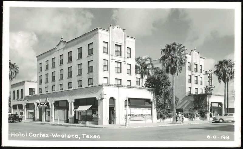 Hotel Cortez and street scene with shops and palm trees Weslaco Texas