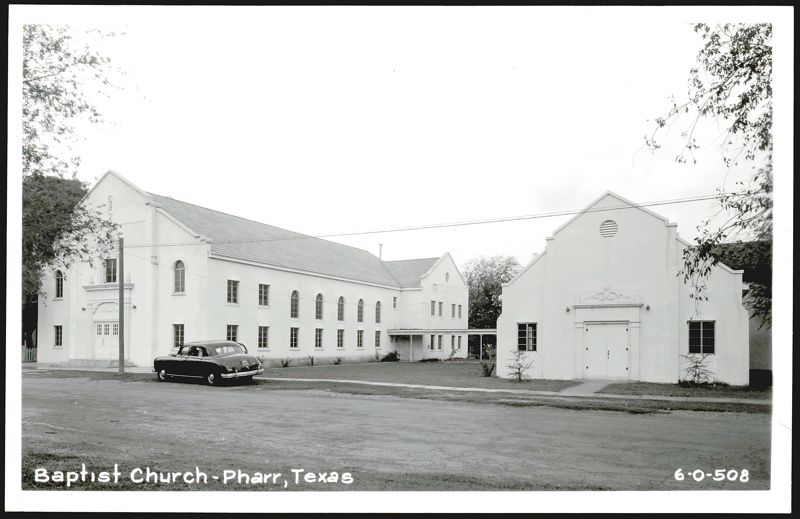 Baptist Church, Pharr, Texas with a classic car