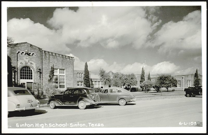 High School Building Exterior with Parked Cars, Circa 1949 Sinton Texas
