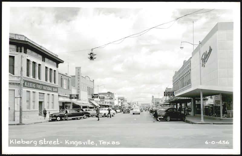 Kleberg Street, Kingsville, Texas with businesses and cars