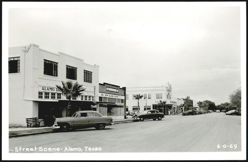 Street Scene with Alamo Drug and New Alamo Cafe Texas