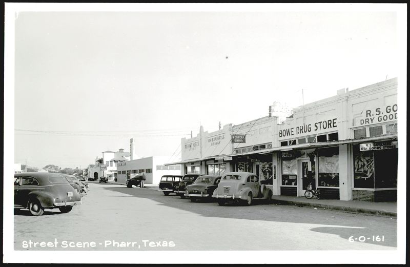 Street Scene with Businesses and Parked Cars, Pharr, Texas