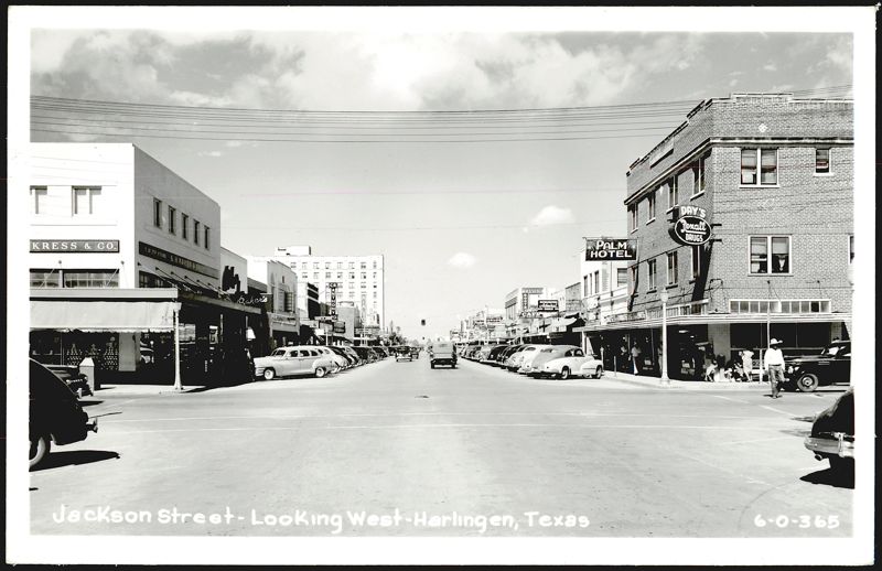 Jackson Street looking West with Kress & Co., Day's Rexall Drugs, Palm Hotel Harlingen Texas