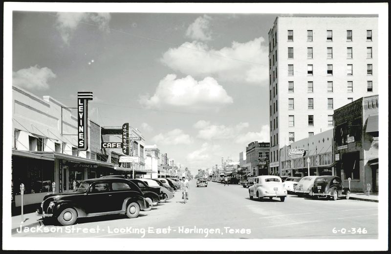 Jackson Street Looking East, Harlingen, TX - Street Scene with Businesses Texas