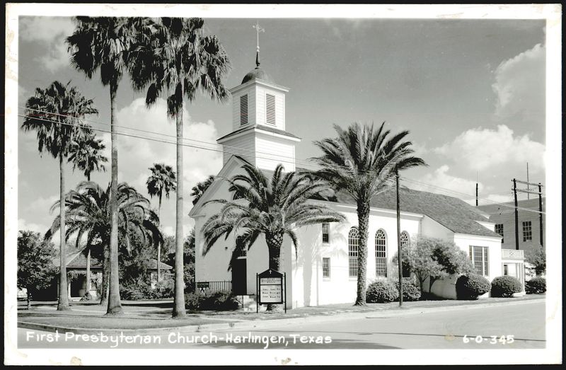 First Presbyterian Church Building with Palm Trees Harlingen Texas