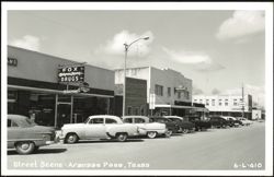 Aransas Pass TX Street Scene with Vintage Cars, Fox Drugs, Naylors Frigidaire Postcard