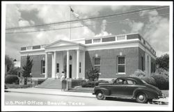 U.S. Post Office Building, Beeville, TX with Columns and Vintage Car Postcard