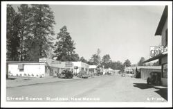 Street Scene with Shops, Cars, and Pine Trees, Ruidoso Postcard