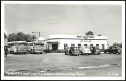 Texan Cafe and Greyhound Bus Station with Buses & Cars Postcard