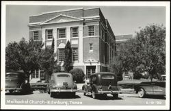 First M. E. Church South, Edinburg, Texas with Vintage Cars Postcard
