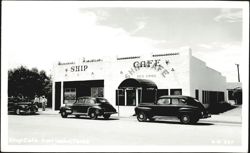 Ship Cafe, Sea Food restaurant with vintage cars Postcard