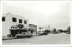 Street Scene with Alamo Drug and New Alamo Cafe Postcard