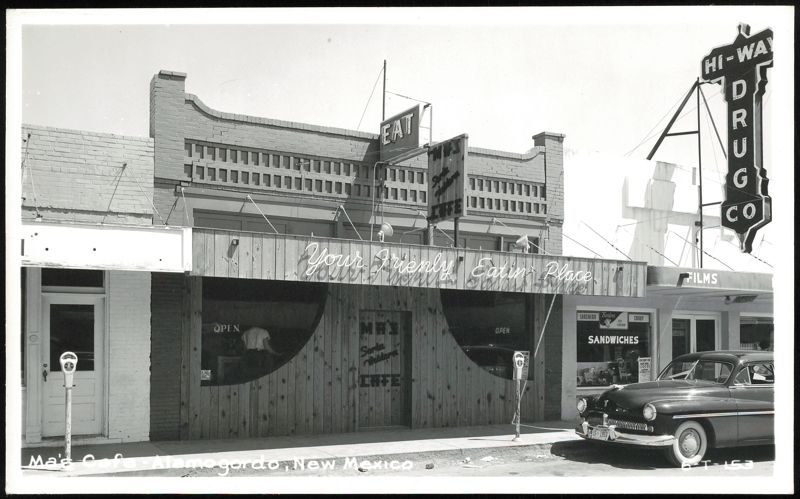 Ma's Cafe and Hi-Way Drug Co. with a classic car parked outside Alamogordo New Mexico