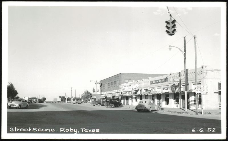 Street Scene with Businesses and Cars Roby Texas