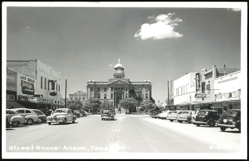 Street Scene with Courthouse, Thompson Drug, Palace Theater Anson Texas