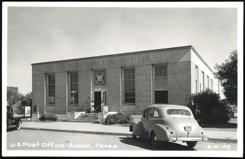 United States Post Office building with vintage car Anson Texas