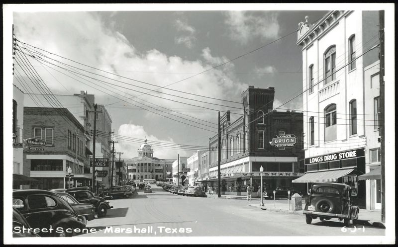 Street Scene with Long's Drugs, Weisman's, and Courthouse Marshall Texas