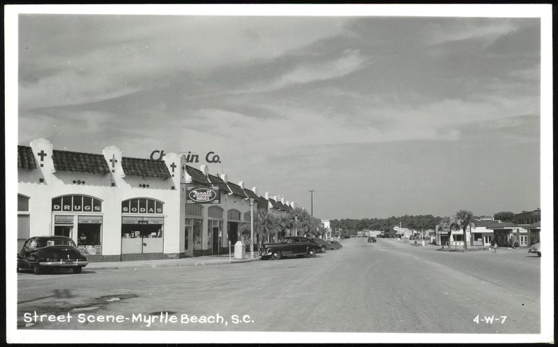 Street Scene with Rexall Drugs and Vintage Cars, Myrtle Beach South Carolina
