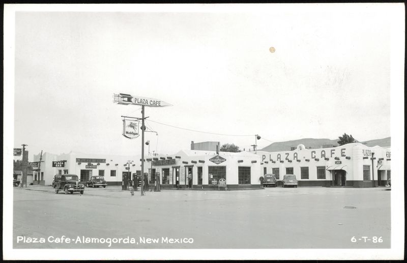 Plaza Cafe with Rocket Sign, Mobilgas Station, and Cars Alamogordo New Mexico