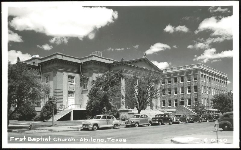 First Baptist Church Building and Street Scene with Classic Cars Abilene Texas