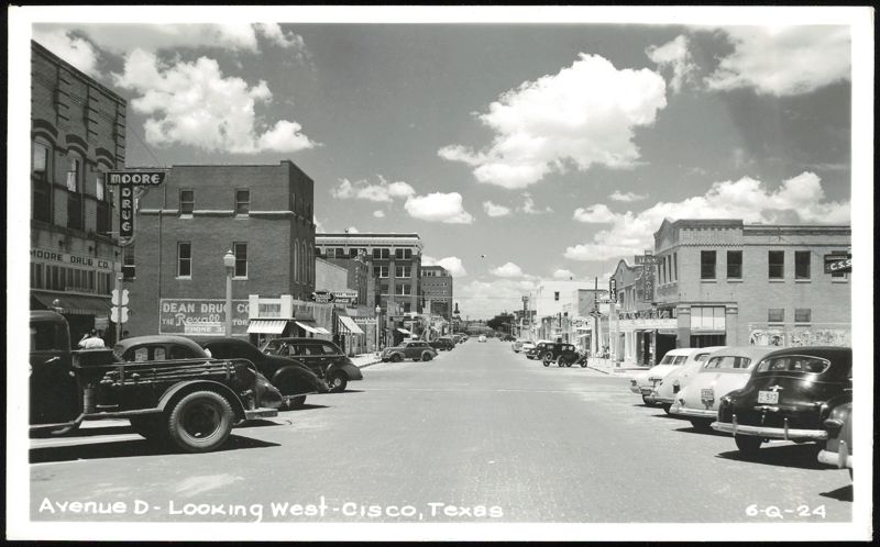 Avenue D Looking West with Businesses and Cars, Cisco Texas