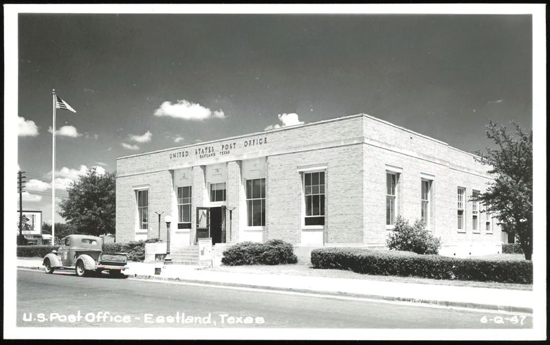 U.S. Post Office Building with Flag and Vintage Truck Eastland Texas