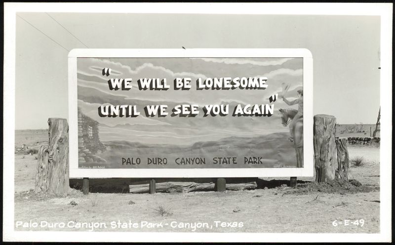 Palo Duro Canyon State Park Welcome Sign with Cowboy and Message Texas