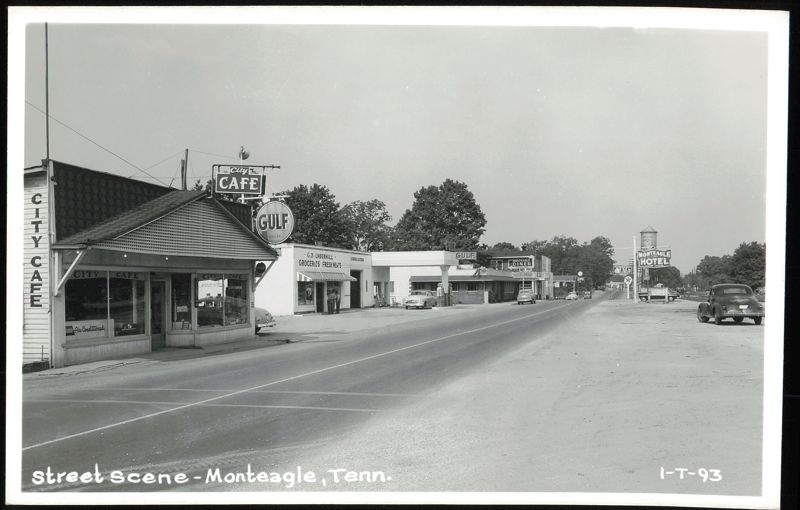 Street Scene featuring City Cafe, Gulf Station, and Monteagle Hotel Tennessee