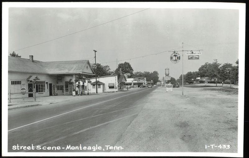 Street Scene with Cafes, Gas Station, and Hotel Monteagle Tennessee