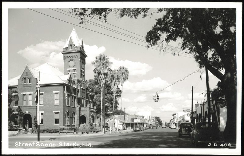 Street Scene with Clock Tower Building and Palm Trees Starke Florida