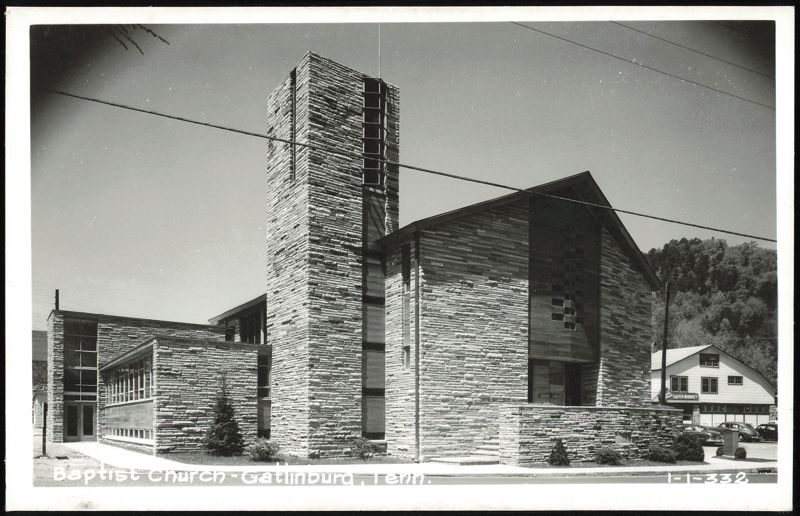 Baptist Church with Stone Facade and Tall Bell Tower Gatlinburg Tennessee