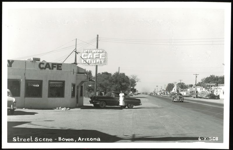 Street Scene with Highway Cafe Court and Cars, Bowie, Arizona