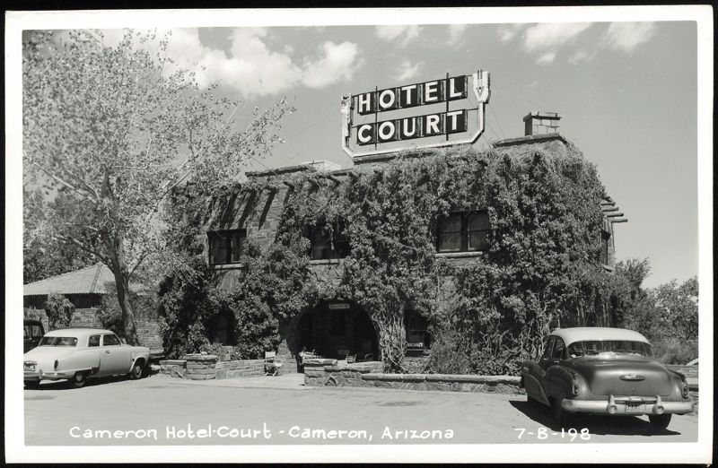 Cameron Hotel-Court Building Covered in Vines with Vintage Cars Arizona