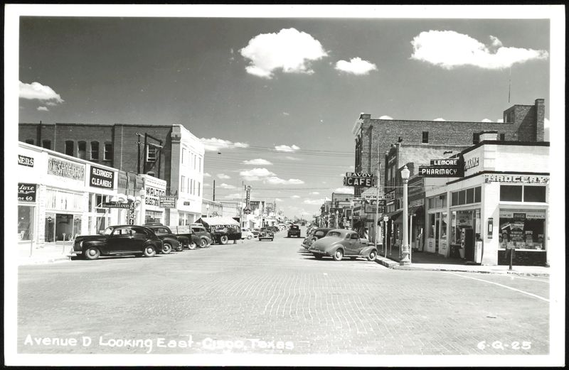 Avenue D Looking East, Street Scene with Businesses and Vintage Cars Cisco Texas
