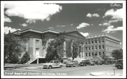 First Baptist Church Building and Street Scene with Classic Cars Postcard