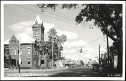 Street Scene with Clock Tower Building and Palm Trees Postcard