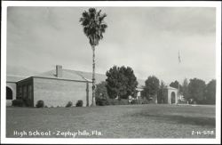 High School Building with Palm Tree and Flagpole Postcard
