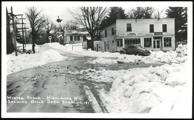 Winter Scene Showing Bill's Soda Shop and Harry's Cafe Highlands North Carolina