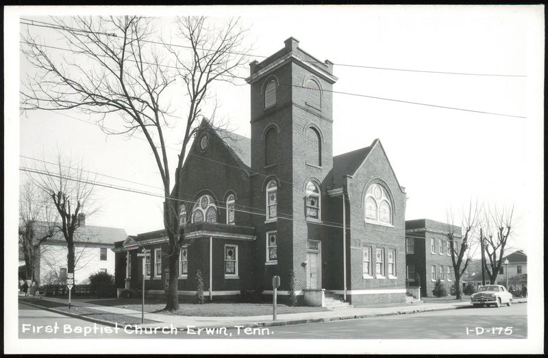 First Baptist Church with Square Tower and Stained Glass Erwin Tennessee