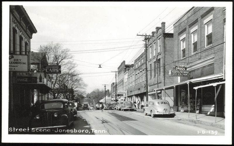 Street Scene with Stuart Drugs and Cabs Jonesboro Tennessee