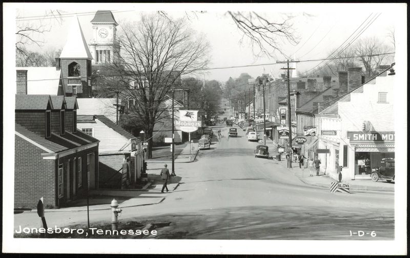 Main Street Scene with Clock Tower and Mobilgas Sign Jonesboro Tennessee