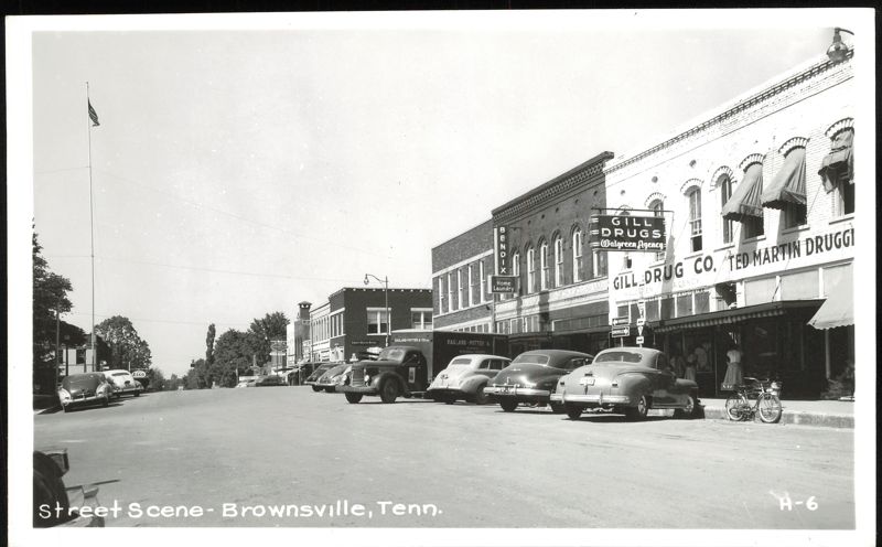Street Scene with Gill Drugs and Ted Martin Druggist Brownsville Tennessee