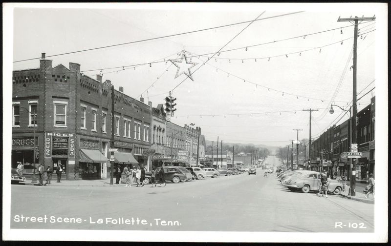 Street Scene with Riggs Drugs and Vintage Cars La Follette Tennessee