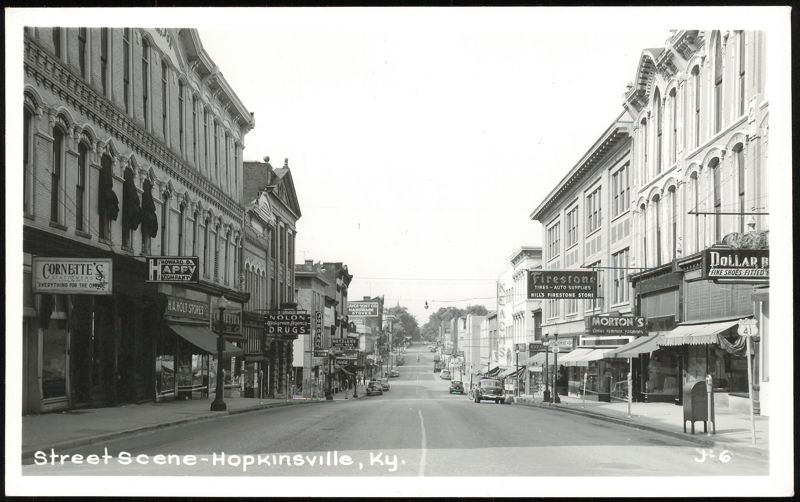 Street Scene with Storefronts and Vintage Cars Hopkinsville Kentucky