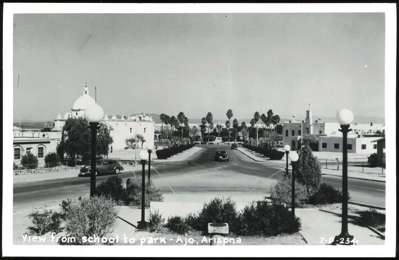 View from School to Park with Spanish Colonial Buildings Ajo Arizona