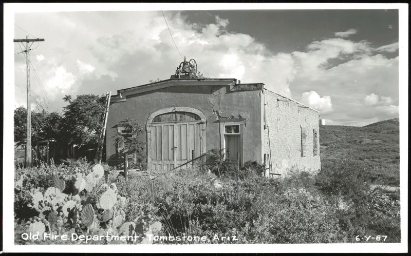 Old Fire Department Building with Roof Bell and Cactus Tombstone Arizona