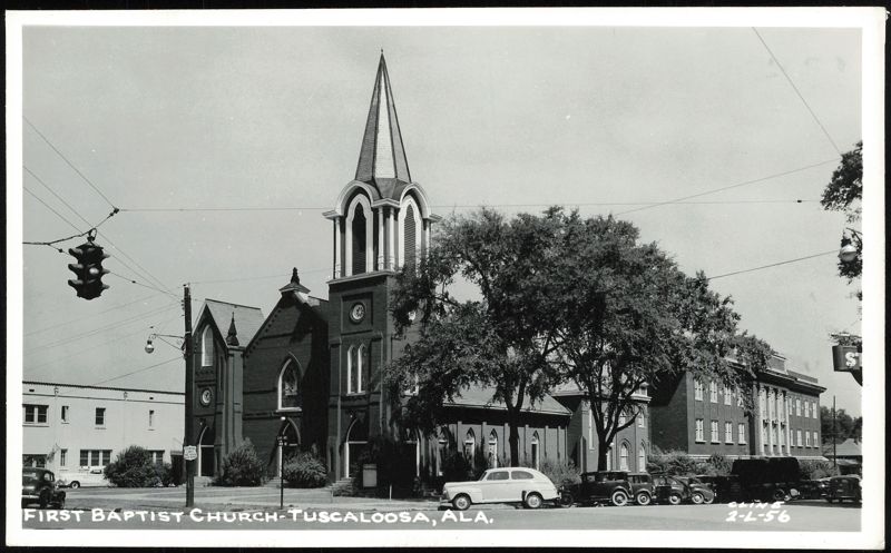 First Baptist Church with Tall Spire and Vintage Cars Tuscaloosa Alabama